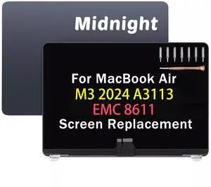 NUOLAISUN A3113 LCD Screen Replacement for MacBook Air M3 2024 13.6" A3113 EMC 8611 Full LED LCD Screen Display Assembly (Midnight)