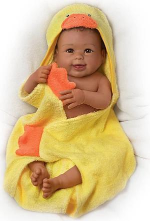 The Ashton-Drake Galleries Linda Murray "Rub-A-Dub-Dub, Layla" Washable African American Black Baby Doll with Ducky Towel and Accessories, 17.5-Inch/44.5-cm