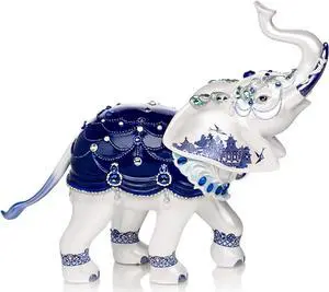 The Hamilton Collection Sparkling Blue Willow Hand-Painted Elephant Figurine Adorned with Swarovski Crystals