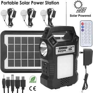 Portable Solar Power Station Rechargeable Backup Power Bank w/Flashlight 3 Lighting Bulbs For Camping Outage Garden Lamp