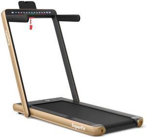 2-in-1 Electric Motorized Health and Fitness Folding Treadmill with Dual Display and Speaker-Yellow