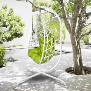 Swing Egg Chair with Stand Indoor Outdoor Wicker Rattan Patio Basket Hanging Chair with C Type bracket ;  with cushion and pillow; Patio Wicker folding Hanging Chair - White