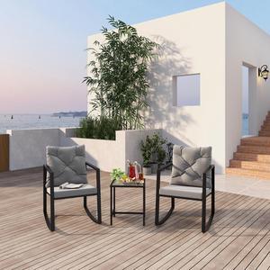3 Pieces Patio Set Outdoor Patio Furniture Sets Modern Rocking Chair Furniture Sets Clearance Cushioned Chairs Conversation Sets with Coffee Table for Yard and Bistro (Gray)
