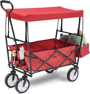 Collapsible Wagon Folding Cart with Canopy Beach Garden Outdoor Sport Utility Cart Wheels Adjustable Handle Rear Storage