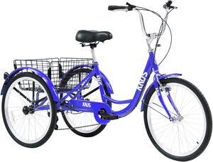 Adult Tricycle Trikes; 3-Wheel Bikes; 24 Inch Wheels 7 Speed Cruiser Bicycles with Large Shopping Basket for Women and Men