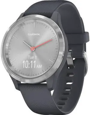 Garmin vivomove 3s, Smaller-sized Hybrid Smartwatch with Real Watch Hands and Hidden Touchscreen Display, Silver with Granite Blue Case and Band