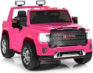 12V 2-Seater Licensed GMC Kids Ride On Truck RC Electric Car with Storage Box-Pink