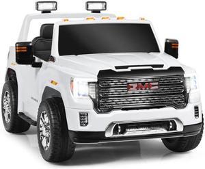 12V 2-Seater Licensed GMC Kids Ride On Truck RC Electric Car with Storage Box-White