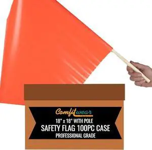 COMFITWEAR 100 PC CASE Traffic Safety Warning Flags Construction Site Ready Fluorescent Red-Orange Vinyl Coated Nylon Flag 18 x 18 with Pole