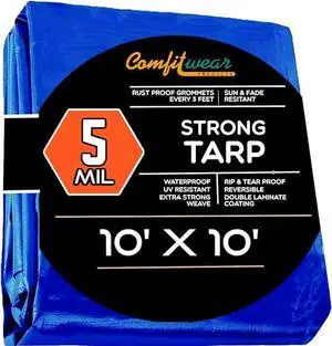 COMFITWEAR  5 Mil Blue Standard Tarp Cover ( 10' X 10') Reinforced Grommet Multi-Purpose Pool Cover Boat Tarp Camping Tarp General Purpose UV Resistant Poly Tarpaulin  Waterproof Tarp Cover