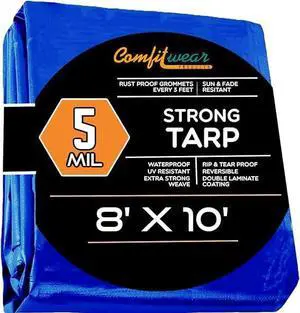 COMFITWEAR 5 Mil Blue Standard Poly Tarp Reinforced Edge Grommet Multi-Purpose, Pool Cover Boat Tarps Camping Tarps UV Resistant Waterproof Tarpaulin Canopy Tent 8' X 10'