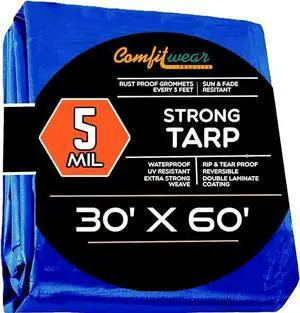 COMFITWEAR 5 Mil Tarp Super Strong 5 MIL Multi-Purpose Extra Strong Tarps Car Tarp,Camping, General Purpose Waterproof Tarp Cover ( 30' X 60')