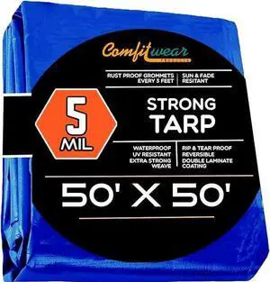 COMFITWEAR 5 Mil Tarp Super Strong 5 MIL Multi-Purpose Extra Strong Tarps Car Tarp,Camping, General Purpose Waterproof Tarp Cover ( 50' X 50')