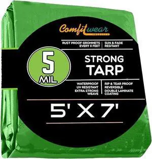 COMFITWEAR 5 Mil Green Tarp Super Strong Multi-Purpose Extra Strong Tarps Car Tarp Boat Tarp Camping Tarp General Purpose Waterproof Tarp Cover (5' X 7')