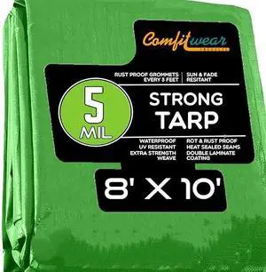 COMFITWEAR 5 Mil Green Tarp Super Strong Multi-Purpose Extra Strong Tarps Car Tarp Boat Tarp Camping Tarp General Purpose Waterproof Tarp Cover ( 8' X 10')