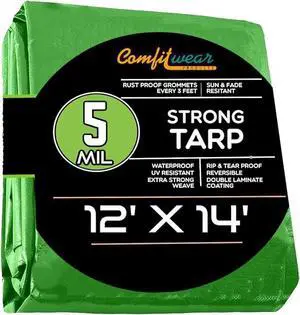 COMFITWEAR 5 Mil Green Tarp Super Strong Multi-Purpose Extra Strong Tarps Car Tarp Boat Tarp Camping Tarp General Purpose Waterproof Tarp Cover ( 12' X 14')