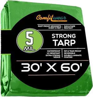 COMFITWEAR 5 Mil Green Tarp Super Strong Multi-Purpose Extra Strong Tarps Car Tarp Boat Tarp Camping Tarp General Purpose Waterproof Tarp Cover ( 30' x 60')