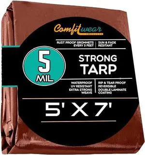 COMFITWEAR 5 Mil Brown Standard Tarp Cover Reinforced Grommet Multi-Purpose Pool Cover Boat Tarp Camping Tarp UV Resistant Poly Tarpaulin Waterproof Tarp Cover (5' X 7')