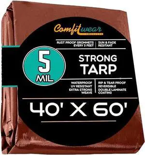 COMFITWEAR 5 Mil Brown Standard Tarp Cover Reinforced Grommet Multi-Purpose Pool Cover Boat Tarp Camping UV Resistant Poly Tarpaulin Waterproof Tarp Cover (40' X 60')