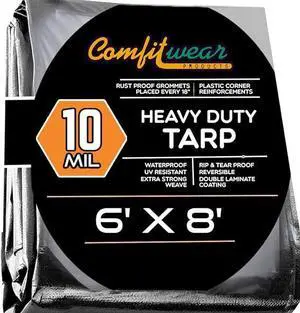 COMFITWEAR 10 Mil Silver And Black Super Heavy Duty Tarp Cover Reinforce Grommet Pool Cover Boat Tarp UV Resistant Poly Tarpaulin Canopy Tent Waterproof Tarp Cover (6' X 8')