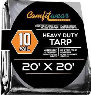COMFITWEAR 10 Mil Silver And Black Super Heavy Duty Tarp Cover Reinforce Grommet Pool Cover Boat Tarp UV Resistant Poly Tarpaulin Canopy Tent Waterproof Tarp Cover (20' x 20')