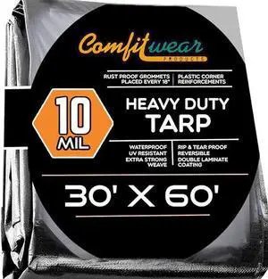 COMFITWEAR 10 Mil Silver And Black Super Heavy Duty Tarp Cover Reinforce Grommet Pool Cover Boat Tarp UV Resistant Poly Tarpaulin Canopy Tent Waterproof Tarp Cover (30' x 60')