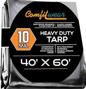 COMFITWEAR 10 Mil Silver And Black Super Heavy Duty Tarp Cover Reinforce Grommet Pool Cover Boat Tarp UV Resistant Poly Tarpaulin Canopy Tent Waterproof Tarp Cover (40' x 60')