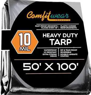 COMFITWEAR 10 Mil Silver And Black Super Heavy Duty Tarp Cover Reinforce Grommet Pool Cover Boat Tarp UV Resistant Poly Tarpaulin Canopy Tent Waterproof Tarp Cover (50' x 100')