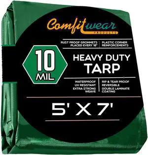 COMFITWEAR Green And Black 10 Mil  Super Heavy Duty Tarp Cover, Reinforced Grommet, Multi-Purpose Pool Cover, Boat Tarp Camping Tarp, UV Resistant,Waterproof Tarp Cover (5' X 7')