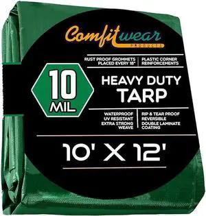 COMFITWEAR Green And Black 10 Mil  Super Heavy Duty Tarp Cover, Reinforced Grommet, Multi-Purpose Pool Cover, Boat Tarp Camping Tarp, UV Resistant,Waterproof Tarp Cover (10' x 12')