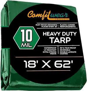 COMFITWEAR Green And Black 10 Mil  Super Heavy Duty Tarp Cover, Reinforced Grommet, Multi-Purpose Pool Cover, Boat Tarp Camping Tarp, UV Resistant,Waterproof Tarp Cover (18' X 62')