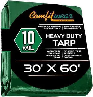 COMFITWEAR Green And Black 10 Mil  Super Heavy Duty Tarp Cover, Reinforced Grommet, Multi-Purpose Pool Cover, Boat Tarp Camping Tarp, UV Resistant,Waterproof Tarp Cover ( 30' x 60')