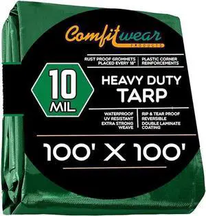 COMFITWEAR Green And Black 10 Mil  Super Heavy Duty Tarp Cover, Reinforced Grommet, Multi-Purpose Pool Cover, Boat Tarp Camping Tarp, UV Resistant,Waterproof Tarp Cover (100' X 100')