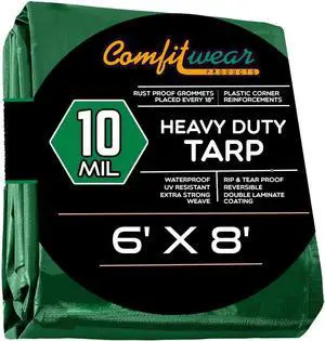 COMFITWEAR Green And Black 10 Mil  Super Heavy Duty Tarp Cover, Reinforced Grommet, Multi-Purpose Pool Cover, Boat Tarp Camping Tarp, UV Resistant,Waterproof Tarp Cover (6' X 8')