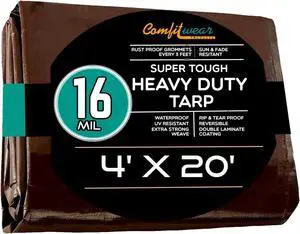 COMFITWEAR 16 MIL Brown Multi-Purpose Extra Heavy Duty Tarps, Car Tarp Camping Tarp  Heavy Duty Tarp, Super Heavy Duty Tarp Cover General Purpose Waterproof Tarp Cover (4' X 20')