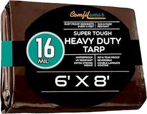 COMFITWEAR 16 MIL Brown Multi-Purpose Extra Heavy Duty Tarps, Car Tarp Camping Tarp  Heavy Duty Tarp, Super Heavy Duty Tarp Cover General Purpose Waterproof Tarp Cover (6' x 8')