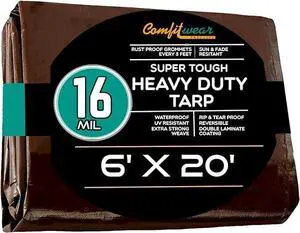 COMFITWEAR 16 MIL Brown Multi-Purpose Extra Heavy Duty Tarps, Car Tarp Camping Tarp  Heavy Duty Tarp, Super Heavy Duty Tarp Cover General Purpose Waterproof Tarp Cover ( 6' X 20')