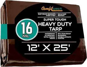 COMFITWEAR 16 MIL Brown Multi-Purpose Extra Heavy Duty Tarps, Car Tarp Camping Tarp  Heavy Duty Tarp, Super Heavy Duty Tarp Cover General Purpose Waterproof Tarp Cover ( 12' x 25')