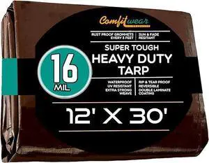 COMFITWEAR 16 MIL Brown Multi-Purpose Extra Heavy Duty Tarps, Car Tarp Camping Tarp  Heavy Duty Tarp, Super Heavy Duty Tarp Cover General Purpose Waterproof Tarp Cover (12' X 30')