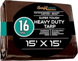 COMFITWEAR 16 MIL Brown Multi-Purpose Extra Heavy Duty Tarps, Car Tarp Camping Tarp  Heavy Duty Tarp, Super Heavy Duty Tarp Cover General Purpose Waterproof Tarp Cover (15' X 15')