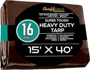 COMFITWEAR 16 MIL Brown Multi-Purpose Extra Heavy Duty Tarps, Car Tarp Camping Tarp  Heavy Duty Tarp, Super Heavy Duty Tarp Cover General Purpose Waterproof Tarp Cover (15' X 40')