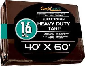 COMFITWEAR 16 MIL Brown Multi-Purpose Extra Heavy Duty Tarps, Car Tarp Camping Tarp  Heavy Duty Tarp, Super Heavy Duty Tarp Cover General Purpose Waterproof Tarp Cover (40' x 60')