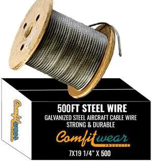 COMFITWEAR Galvanized Steel Aircraft Cable Wire, 7x19 Strand Core ( 1/4-in x 500-ft)