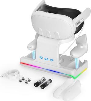 Charging dock for Meta Quest 3, compact design charge the Meta Quest 3 and the controllers, with 2pcs 2700mWh batteries, adjustable RGB light White