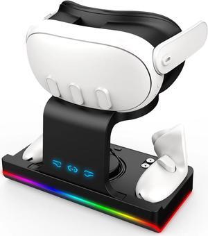 Charging dock for Meta Quest 3, compact design charge the Meta Quest 3 and the controllers, with 2pcs 2700mWh batteries, adjustable RGB light