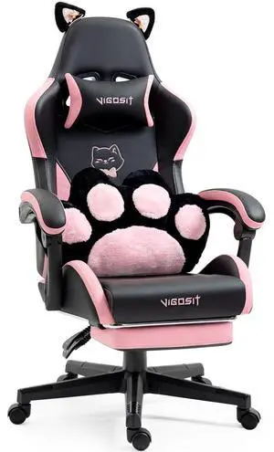 Cute Gaming Chair with Cat Paw Lumbar Cushion and Cat Ears, Ergonomic Computer Chair with Footrest, Reclining PC Game Chair for Girl, Teen, Black Pink