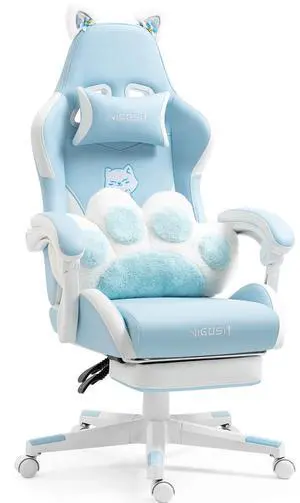 Cute Gaming Chair with Cat Paw Lumbar Cushion and Cat Ears, Ergonomic Computer Chair with Footrest, Reclining PC Game Chair for Girl, Teen, Blue