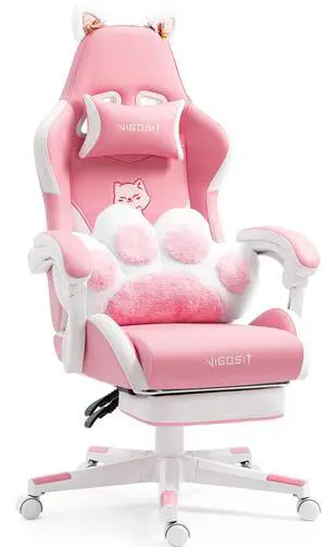 Cat Ears Pink PU Leather Gaming Chair Ergonomic Adjustable Office Desk Computer Chairs for Gamers Adults Kids 360 Degree Swivel Recliner 45in Height - Pink