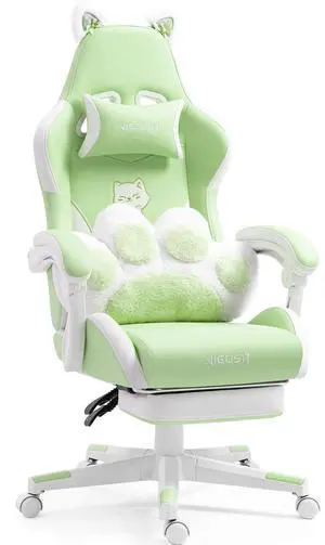 Cute Gaming Chair with Cat Paw Lumbar Cushion and Cat Ears, Ergonomic Computer Chair with Footrest, Reclining PC Game Chair for Girl, Teen, Green