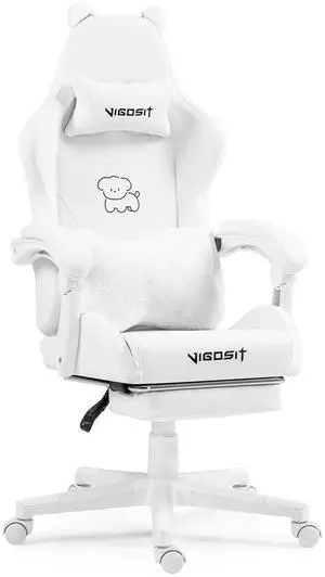 Cute Gaming Chair with Lumbar Cushion and Decorated Ears, Ergonomic Computer Chair with Footrest, Reclining PC Game Chair for Girl, Teen, White